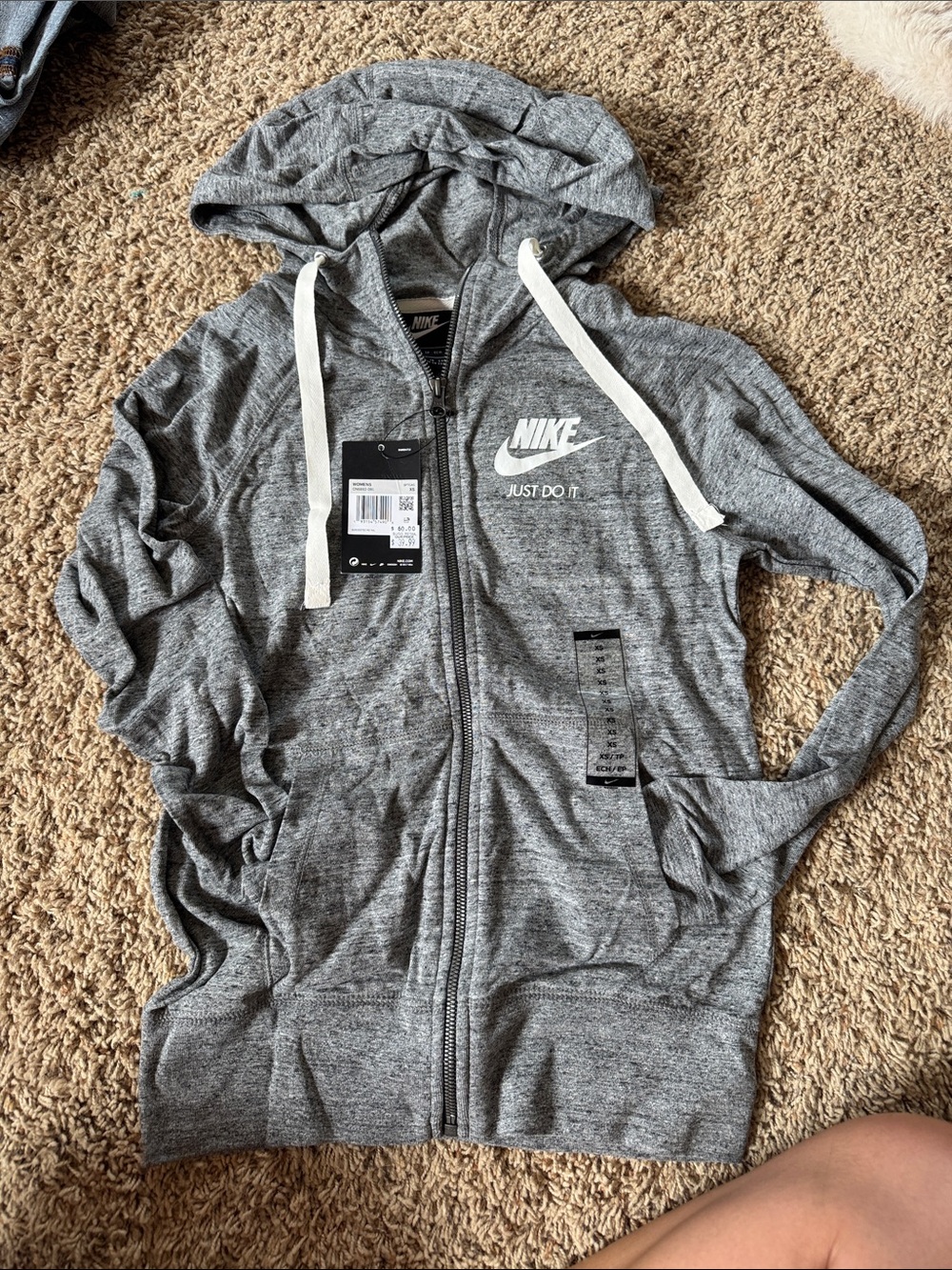 Nike Heather Gray Zip Hoodie with White Drawstrings
